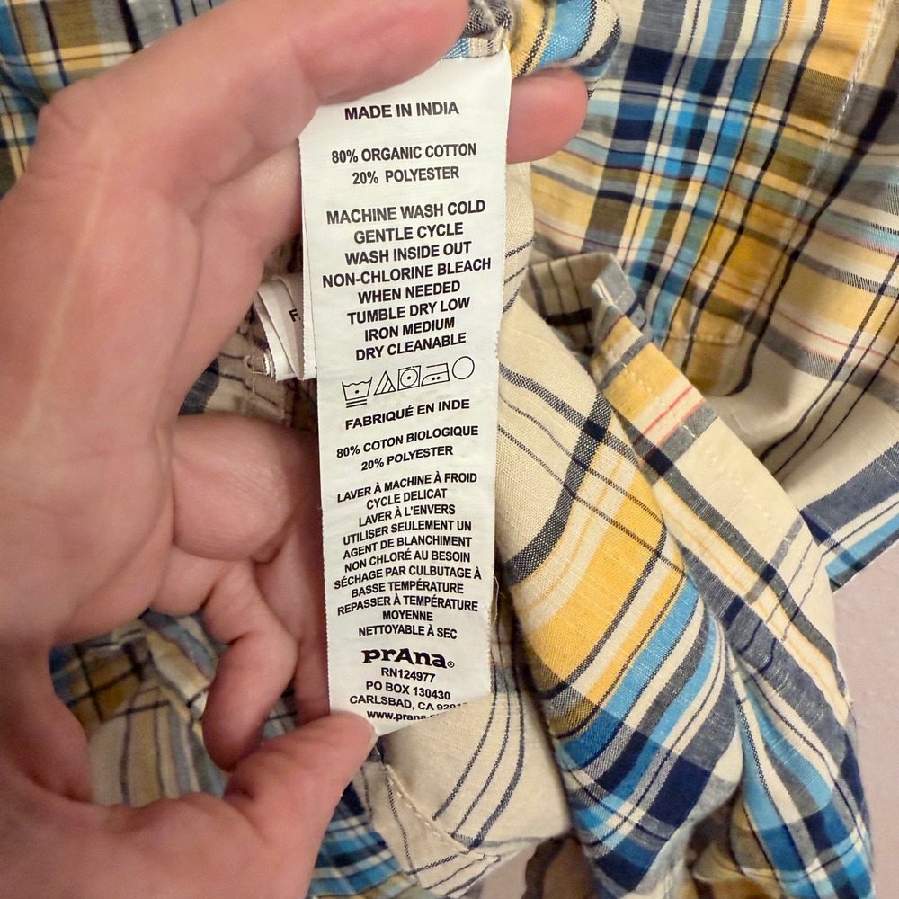 Prana Benton Mens Yellow Blue Plaid Short Sleeve Button Down Organic Cotton Med - Picture 5 of 7